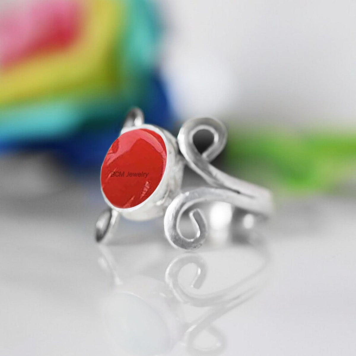 925 Sterling Silver Rings for Women, Uniquely Handcrafted Ring for Her, Valentine Day, Christmas Gift (US Ring Size 7, Coral)
