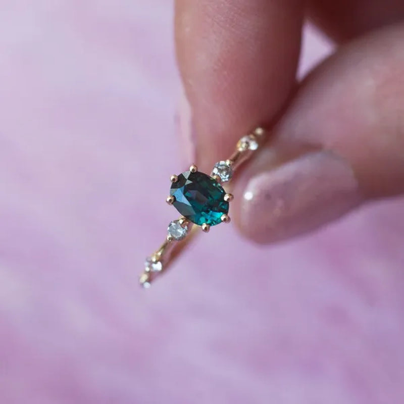 Teal Sapphire Ring, Peacock Engagement Ring, Ceylon Sapphire Diamond Ring, Oval Blue Ring