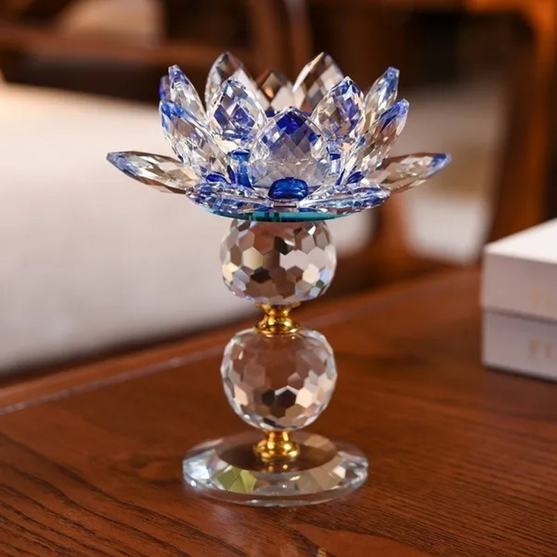 Crystal Glass Lotus  Candle Tea Light Holder Buddhist Candlestick Home Decoration