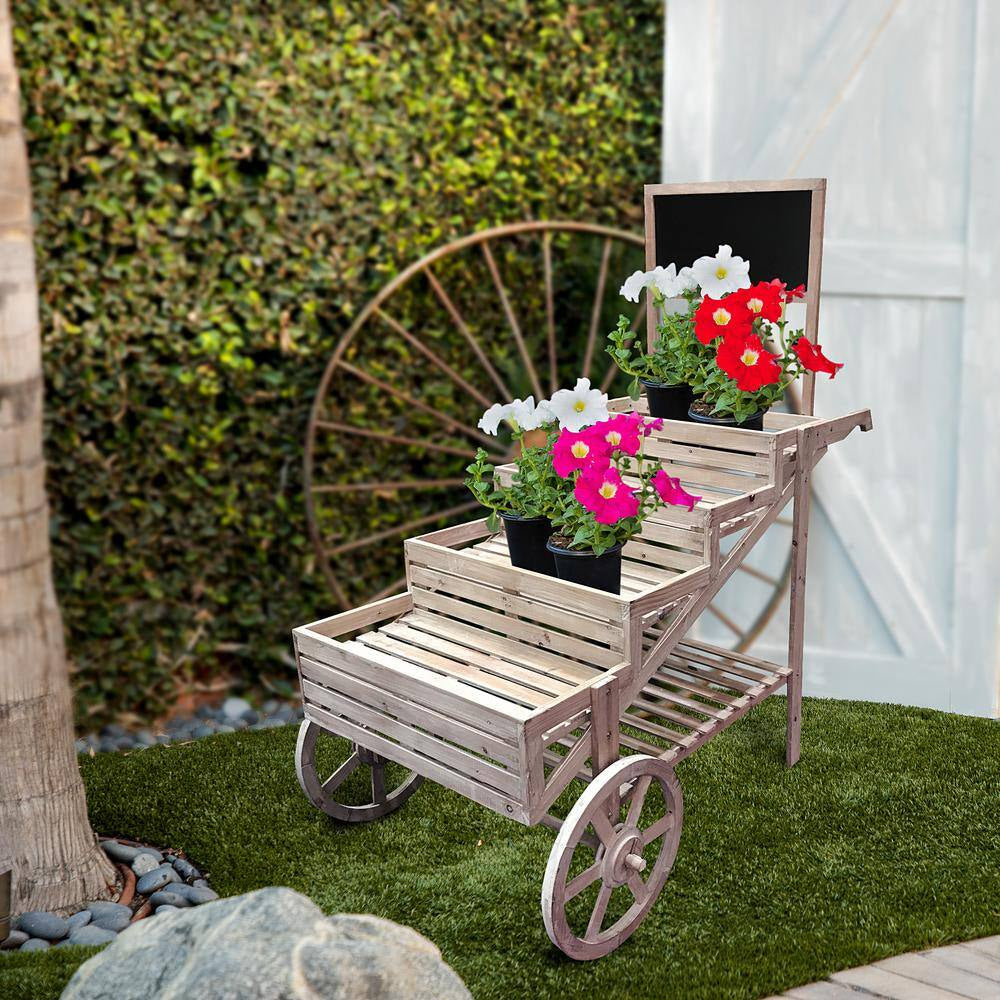 59 In. Tall Indoor/Outdoor Wooden Cart Plant and Display Stand with Chalkboard
