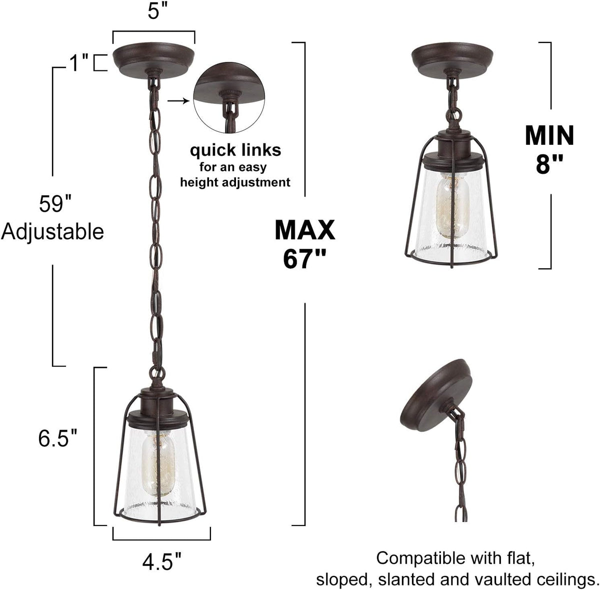 Farmhouse Pendant Lighting, Mini Rustic Hanging Light Fixture with Seeded Glass Shade for Kitchen Island, Foyer, Hallway, Bedroom and Entryway, Bronze