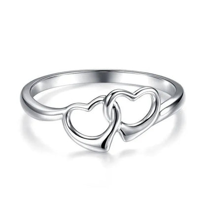 Cute Simple Double Heart Shaped Ring Elegant 925 Sterling Silver Rings Gifts for Women Girl