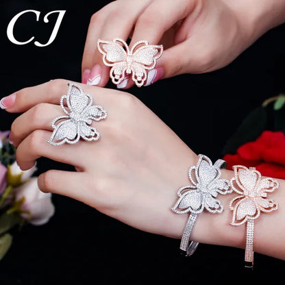 CANDICE High Quality Rose White Gold Plated Full Pave Tiny Crystal Stone Big Butterfly Shape Ring and Bangle Bracelet Party Jewelry Set for Women Christmas Gift