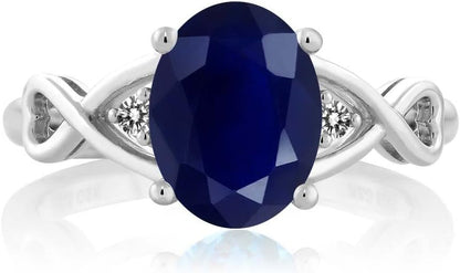 2.56 Cttw Blue Sapphire and White Diamond Engagement Ring for Women | 925 Sterling Silver | Gemstone Birthstone | Available in Size 5, 6, 7, 8, 9