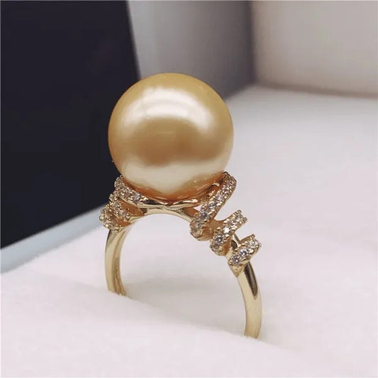 Natural South Sea Gold Pearl Powder Seawater Pearl Ring 925 Sterling Silver Diamond Pearl Ring Round Open Ring