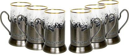 12-Pc Russian Tea Set, 24 Karat Gold Banded Tempered Crystal Glasses W/Metal Glass Holders Podstakannik Vintage Design