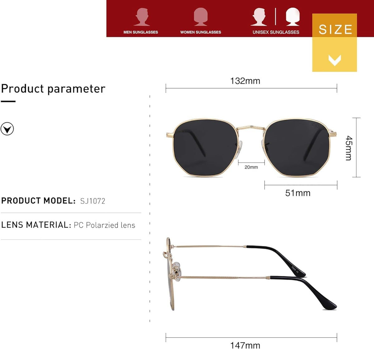 Square Polarized Sunglasses for Women Men Small Hexagonal Polygon Mirrored Lens SJ1072