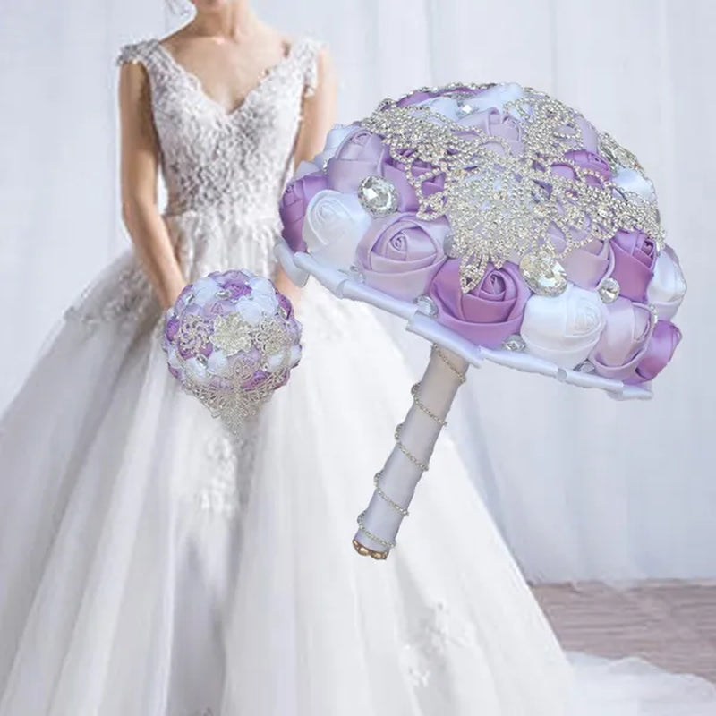 21CM Luxury Crystal Brooch Bridesmaid Bridal Bouquet Shiny Rhinestone Tassel Wedding Flower Bouquet Ribbon Silk Rose Artificial Flower Wedding Supplies