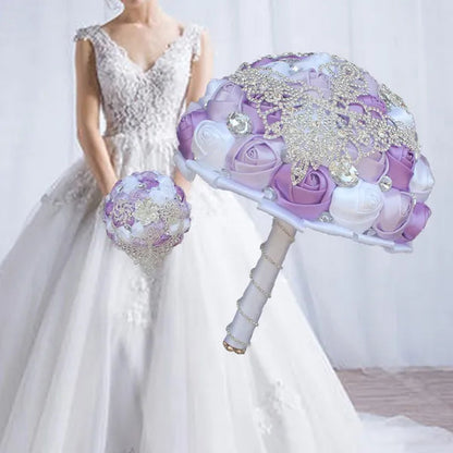 21CM Luxury Crystal Brooch Bridesmaid Bridal Bouquet Shiny Rhinestone Tassel Wedding Flower Bouquet Ribbon Silk Rose Artificial Flower Wedding Supplies