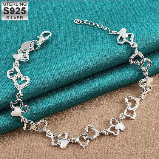 925 Sterling Silver Heart To Heart Chain Bracelet for Women Wedding Engagement Party Jewelry