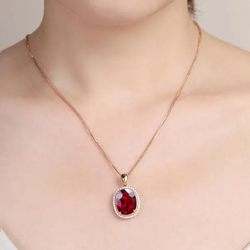 Jewelry Fashion Gold-Plated Zircon AAA Ruby Ellipse Pendant Rose Gold Necklace Ornament
