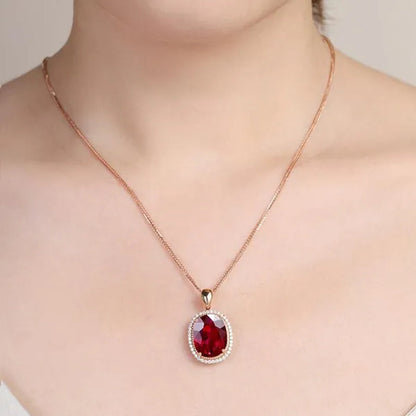 Jewelry Fashion Gold-Plated Zircon AAA Ruby Ellipse Pendant Rose Gold Necklace Ornament