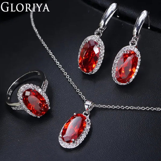 Gloriya Wedding/Bride Noble Jewelry High Quality Silver Plated Women's/Girl's Red AAA Cubic Zirconia Rings Chain Necklace Earrings Wedding Jewelry Sets Christmas Gifts