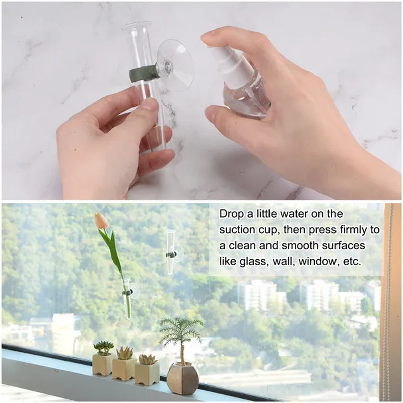 Floral Water Tubes with Suction Cup 0.6" ID 4" Plastic Wall Hanging Vase for Plants Flower Arrangement, Clear Pack of 4