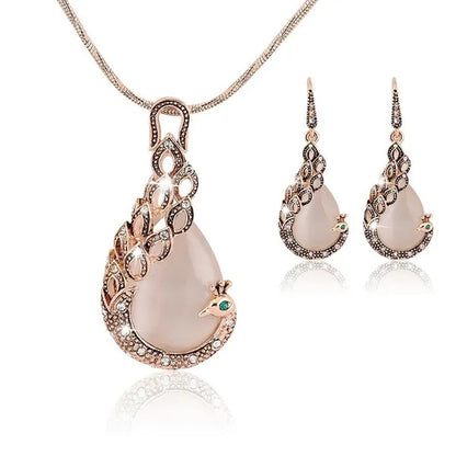 Fine Jewelry sets 2017 New Fashion KC rose Gold Filled opal Crystal Peacock Necklace Earring Wedding jewellery Set for women