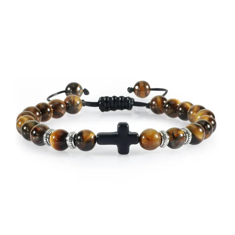 Handmade Natural Stone Wooden Beaded Bracelet Christian Jesus Cross Braided Bracelets Men Women Prayer Yoga Jewelry Gift