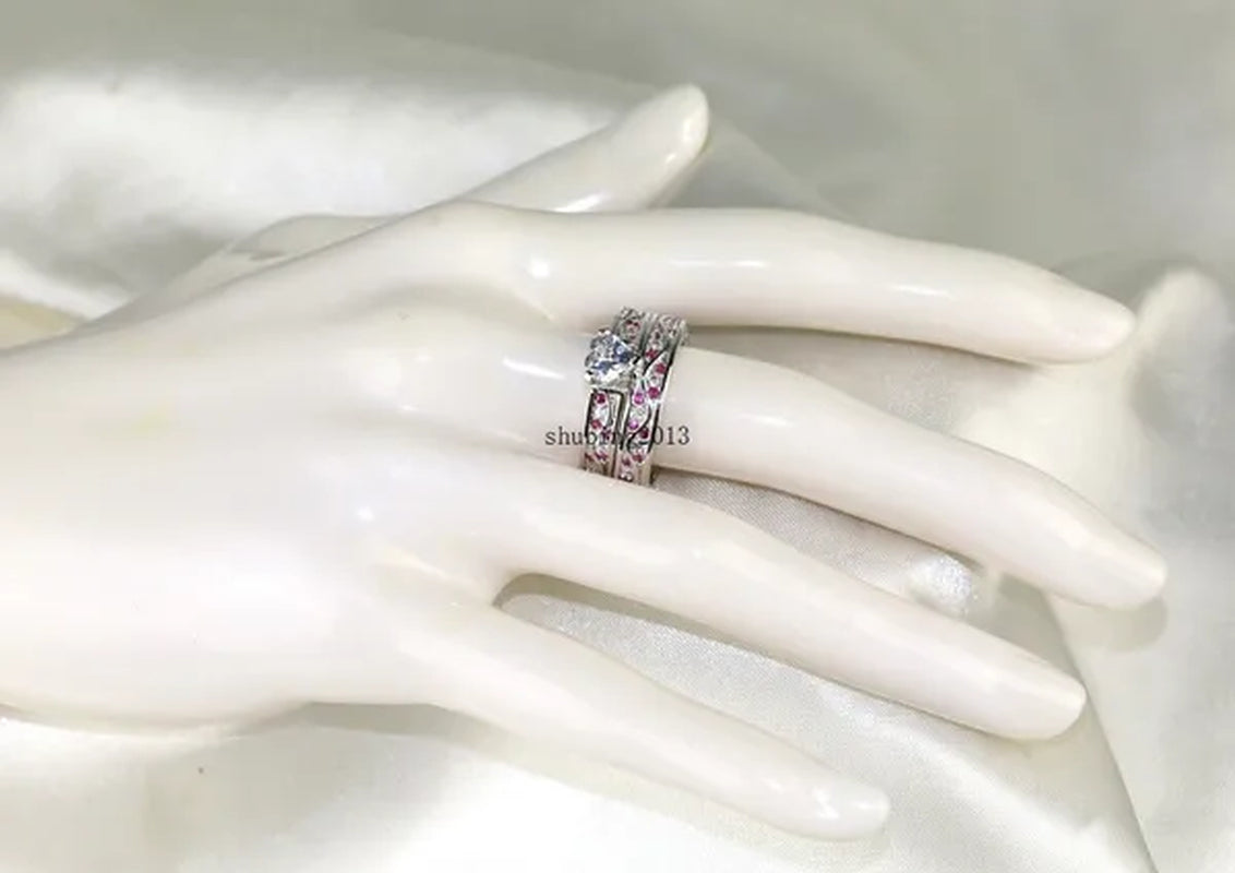 TWO RINGS Sz6-12 Couple Rings His Hers Ruby Heart Shape Cz Womens Ring Tungsten Steel Ring