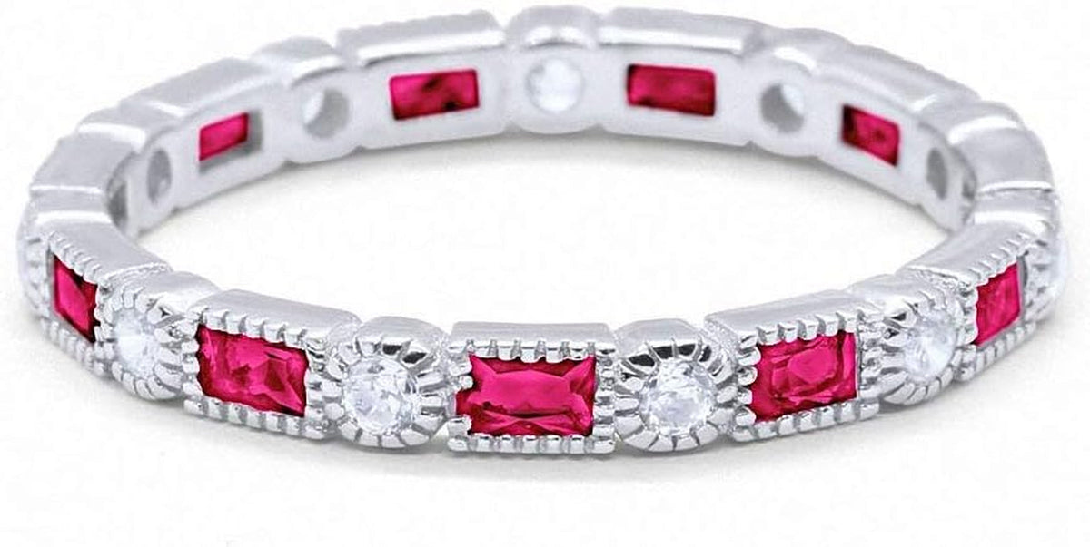 3Mm Art Deco Full Eternity Wedding Band Baguette round Cubic Zirconia 925 Sterling Silver Choose Color