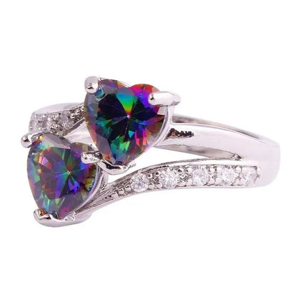 Exquisite 925 Sterling Silver Double Love Heart Rings Natural Sapphire Gemstones Crystal Diamond Wedding Engagement Ring Jewelry Accessories