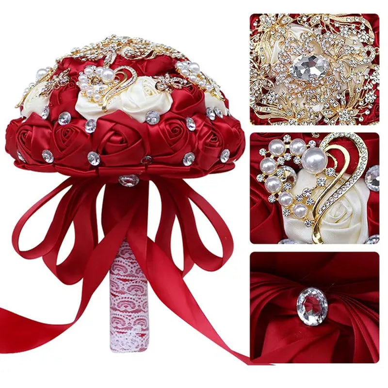 8 Inch Wine Red & Milk White Bridal  Bouquets Artificial Satin Rose Gold Diamond Brooch Bride Holding Flowers Party Valentine Bouquet