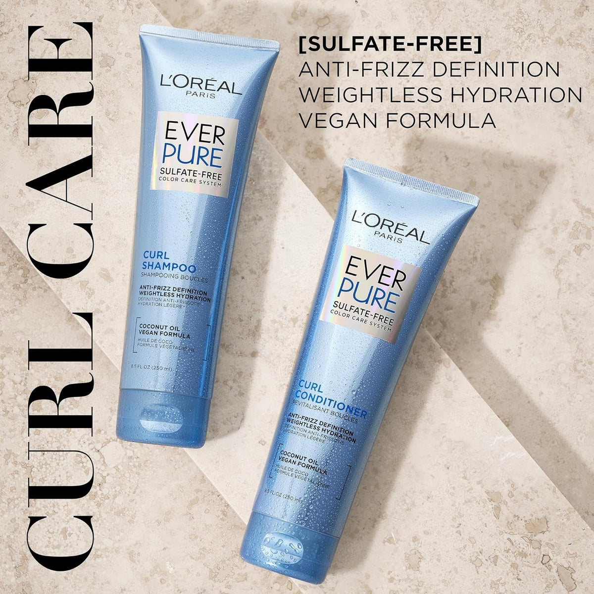 Sulfate Free Shampoo and Conditioner for Curly Hair, Lightweight, Anti-Frizz Hair Care with Coconut Oil, Everpure, 8.5 Fl Oz, Set of 2 (Packaging May Vary)