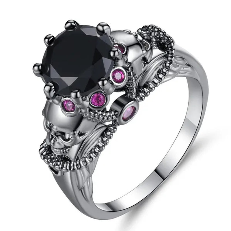Gothic Style Sterling Silver Skull Ring Black Sapphire/Rainbow Crystal Diamond Punk Jewelry Proposal Birthday Gift Bridal Engagement Band Rings for Men Women Bride Size 6-9