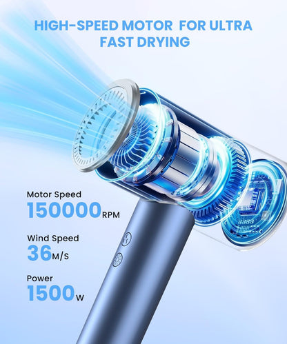 Hair Dryer, Ionic Blow Dryer, Professional High-Speed Hairdryer with 150,000 RPM Motor for Fast Drying, 5 Temps/3 Speeds Lightweight Hairdryer with Magnetic Nozzle for Home Travel Women Man