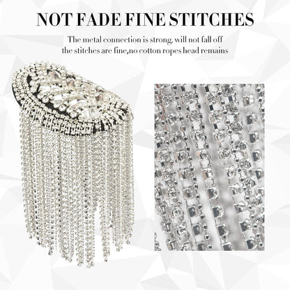 2 Pieces Tassel Epaulets Metal Fashion Shoulder Jewelry Rhinestones Cloth Accessories Brooches for Women, 2×3.7In (Silver)
