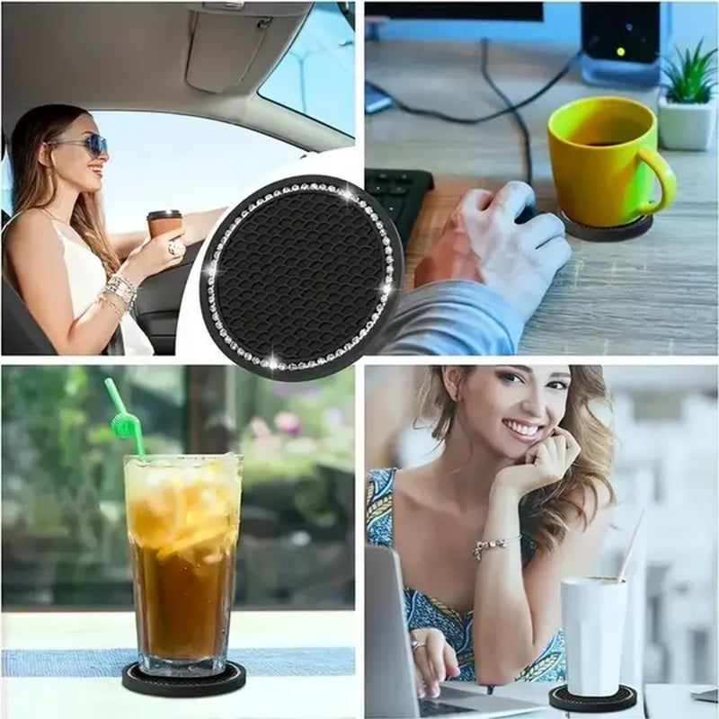 1Pc/2Pcs Car Cup Coaster, Crystal Rhinestone Car Interior Accessories, Easy To Clean, Non-Slip, Heat Resistant, Universal 7cm Anti-Slip Silicone Cup Holder Coasters For Car, Cute Vehicle Interior Decor