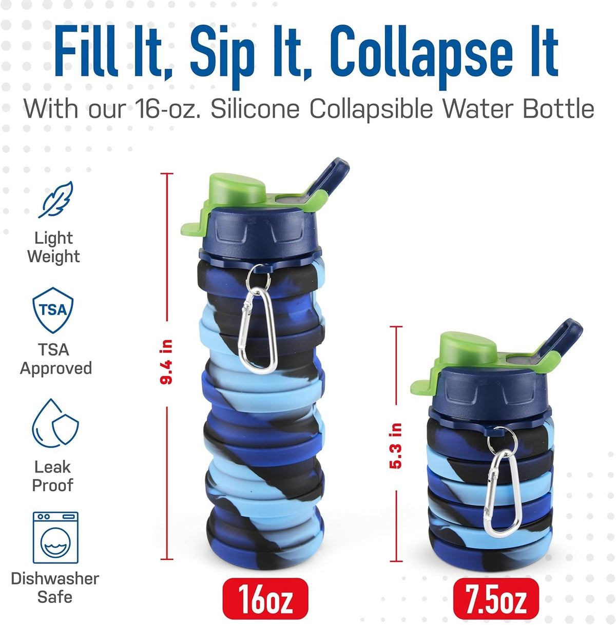Collapsible Water Bottle - Foldable Water Bottle - Silicone Water Bottle - Travel Water Bottle Collapsible - Lightweight, Portable, Compact - Camping, Hiking, Traveling - Blue Rainbow