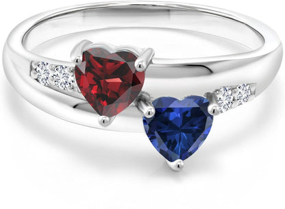 925 Sterling Silver Red Garnet and Blue Created Sapphire and Lab Grown Diamond Women Engagement Ring (1.24 Cttw. Heart Shape 5MM, Available in Size 5, 6, 7, 8, 9)