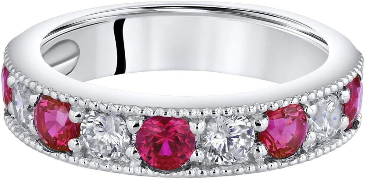 Sterling Silver 4Mm Milgrain Half-Eternity Anniversary Wedding Ring Band for Women, Various Gemstones, Comfort Fit, Sizes 5 to 9