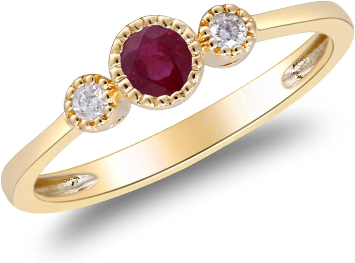 10K Yellow Gold Mozambique Genuine Ruby Ring with Diamonds for Women Holiday Gifts | Ethically, Authentically & Organically Sourced (Round) Shaped Ruby Hand-Crafted Jewelry for Her | Ruby Ring for Women Holiday Gifts