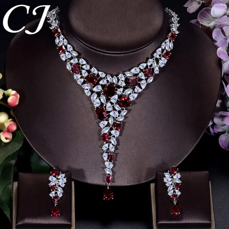 CANDICE Gorgeous Multi Cut Red Color CZ Stone Long Pendant Necklace Earrings Set for Bridal Women White Gold Plated Party Jewelry Set