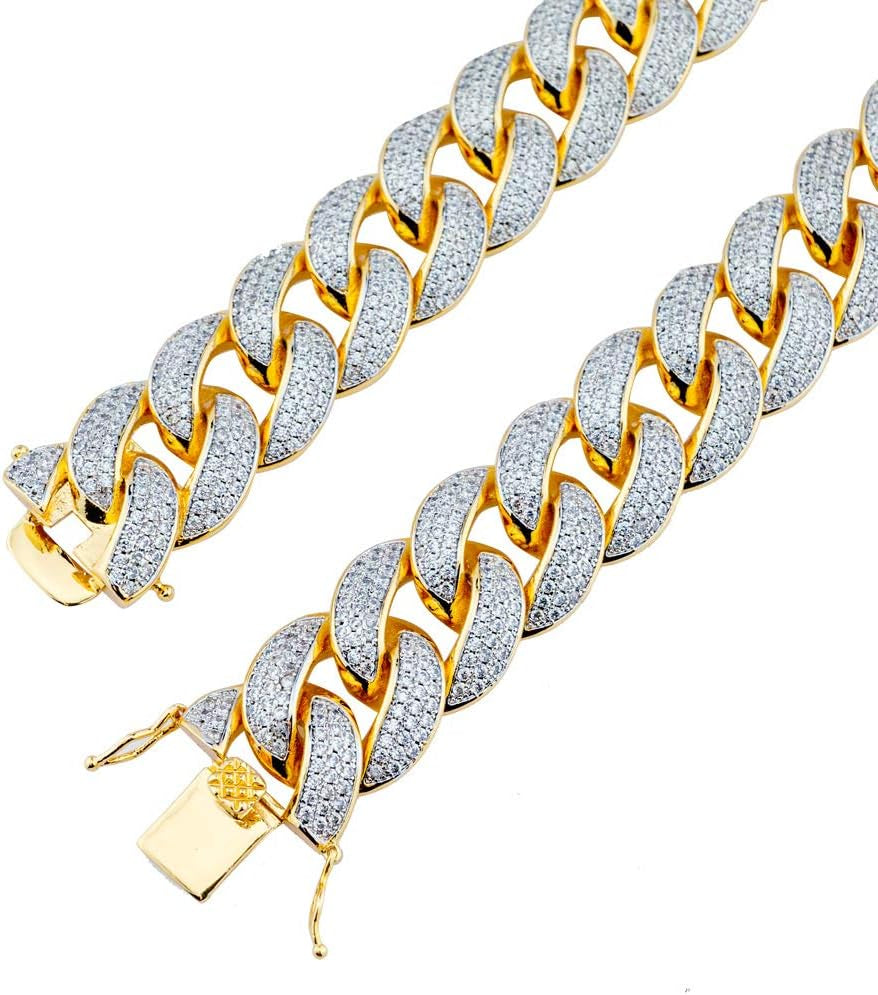 | Iced Lab Diamond Chain Necklace 3 Row Cubic Zirconia - Miami Cuban Link Chain for Men and Women | 18K Yellow Gold and White Gold Plated Choker Necklace