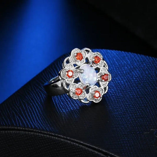 Natural Ruby Gemstone opal Flower ring  Wedding Engagement Ring Women's Jewelry Gifts5-10