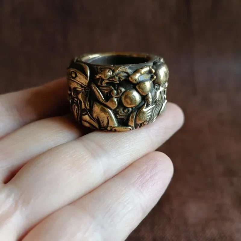 Solid brass Fu Lu Shou finger ornaments embossed retro inlaid ruby copper finger wenwan antiques