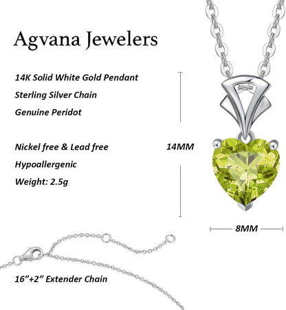 14K White Gold Gemstone Pendant with Sterling Silver Chain 8Mm Heart Birthstone Necklace for Women Fine Jewelry Anniversary Birthday Gifts for Women Mom Wife Girlfriend Her