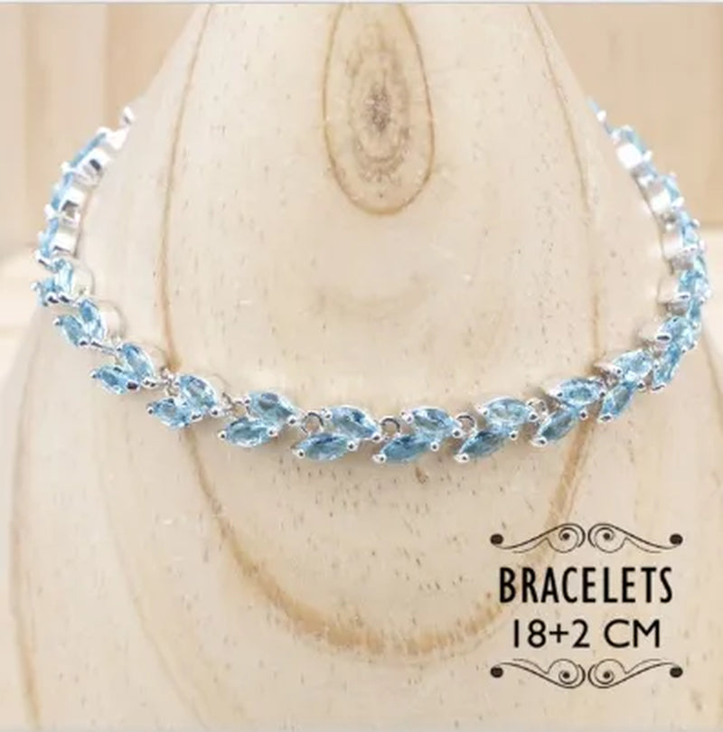 Elegant Lady Ring Earrings Bracelet Necklace 925 Silver Jewelry Set Exquisite Wheat Ear Sky Blue Gem Pearl Party Jewelry Wedding Engagement Set Jewelry Anniversary Gift Ring Size 5-11