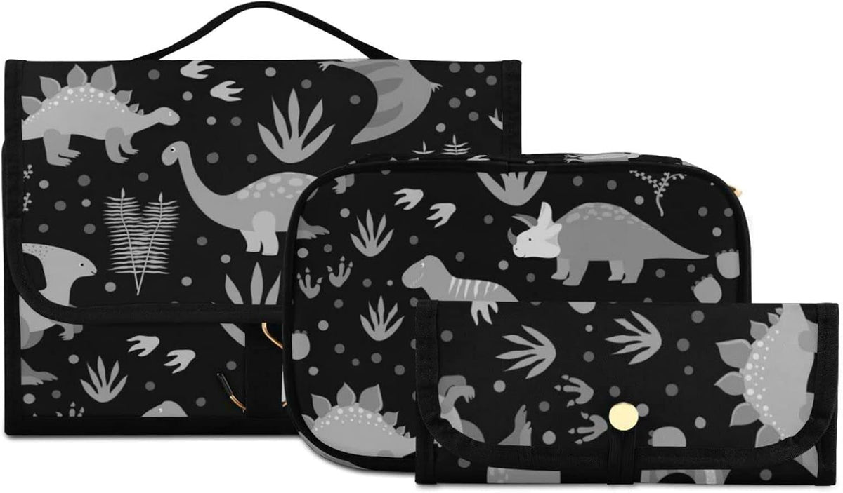 Seamless Retro Russian Cat Snowflakes on Black Happy New Year 3 Pcs Set Toiletry Bags, 1 Women'S Travel Cosmetic Bag, 1 Hanging Toiletry Wash Bag, 1 Brush Case, Portable Makeup Storage Case