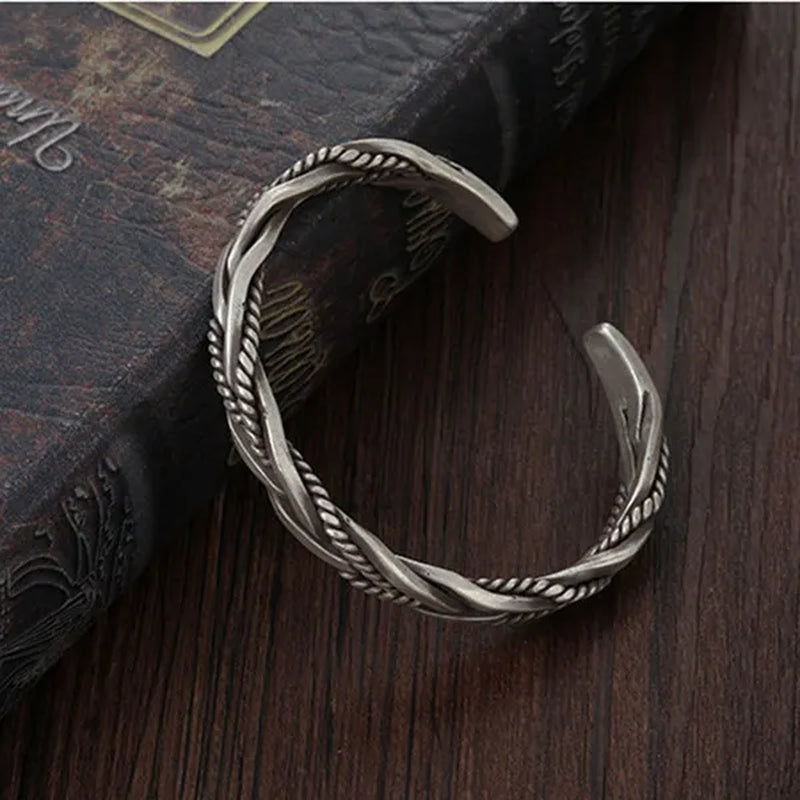 925 Sterling Silver Vintage Weave Style Opening Men Bracelet Fashion Silver Distressed Geometric Bracelets Jewelry Gift