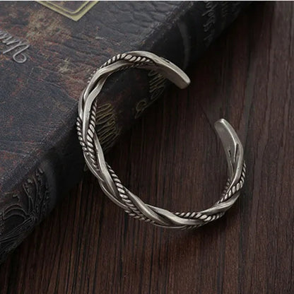925 Sterling Silver Vintage Weave Style Opening Men Bracelet Fashion Silver Distressed Geometric Bracelets Jewelry Gift