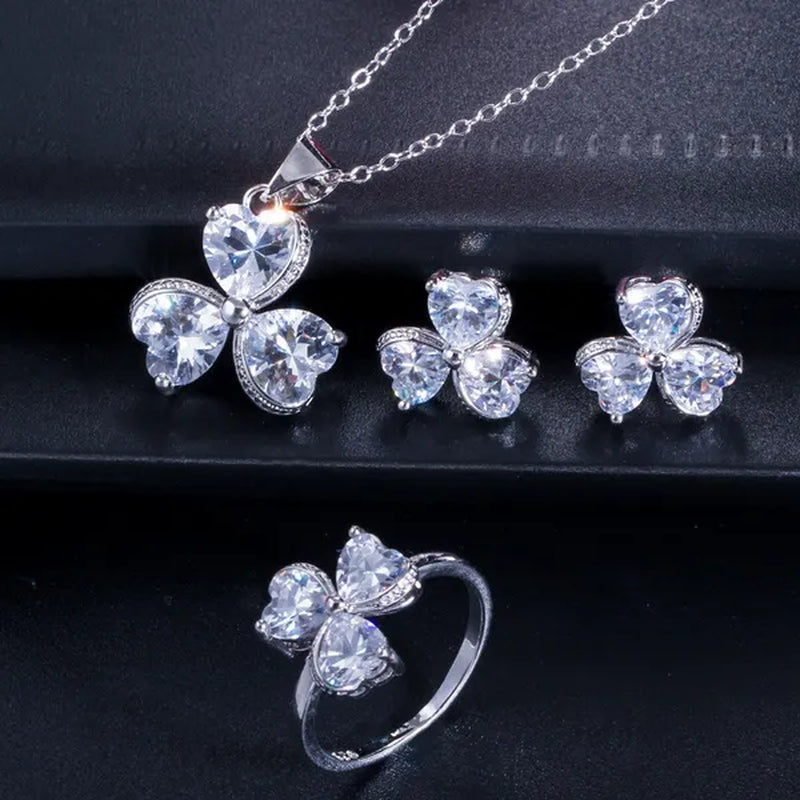 CANDICE Sterling Silver Plated Heart Shape Jewelry Set Pave Austrian Purple Pink Champagne Crystal Drop Dangle Necklace Earrings Ring Sets for Women Girls