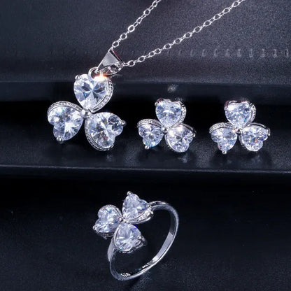 CANDICE Sterling Silver Plated Heart Shape Jewelry Set Pave Austrian Purple Pink Champagne Crystal Drop Dangle Necklace Earrings Ring Sets for Women Girls