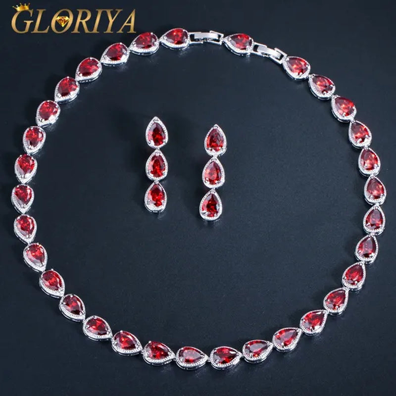 Gloriya Noble Jewelry Set Bridal Accessories High Quality Platinum Plated CZ Water Drop Charm Choker Necklace Earrings for Women Heavy Dinner