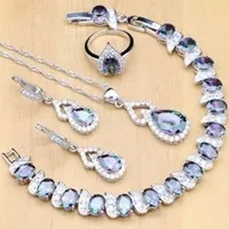925 Silver Jewelry Sets Blue Sapphire White Topaz Open Rings Earrings Pendant Necklace Bracelet For Bridal  Women