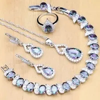 925 Silver Jewelry Sets Blue Sapphire White Topaz Open Rings Earrings Pendant Necklace Bracelet For Bridal  Women