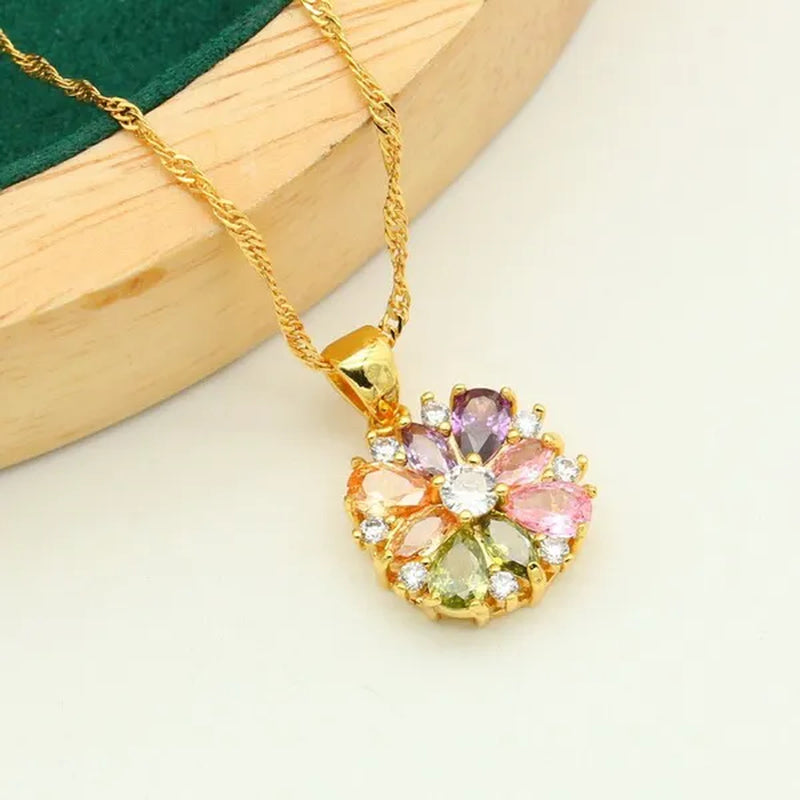 Classic Gold Color Jewelry Sets for Women Wedding Multi Color Zircon Bracelet Earrings Necklace Pendant Ring 4PCS