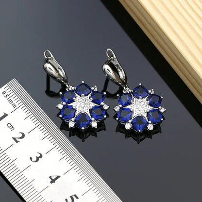 925 Silver Bridal Jewelry Sets Blue Sapphire White Topaz Charm for Women Party Earrings Ring Bracelet Set