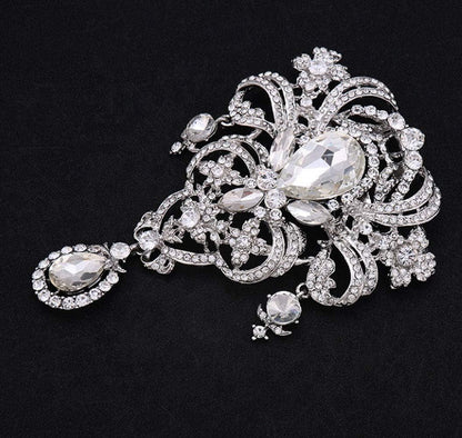 Extra LARGE Antique Vintage Art Deco Victorian Style Silver Tone Imitation Diamond Clear Rhinestone Statement Bridal Wedding Brooch Pin